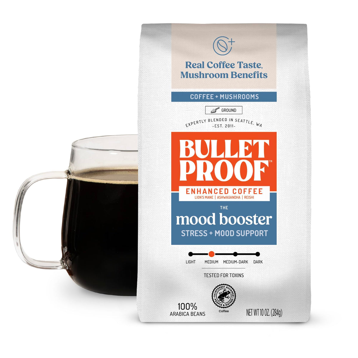 Bulletproof High Achiever Mushroom Coffee Grounds with Lion's Mane, B Vitamins & Adaptogens, Energy and Focus, Medium-Dark Roast, 10 oz