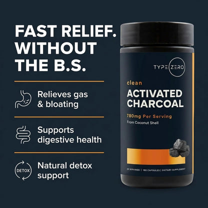 Type Zero Activated Charcoal (780mg) 180 Capsules, 60 Servings, Gluten-Free | From Coconut Shell, GMO-Free