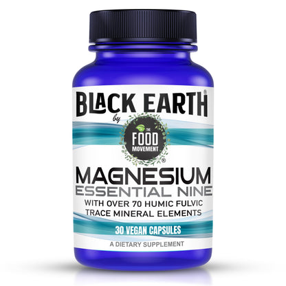 Supplement bottle labeled 'Black Earth by the Food Movement' on a white background