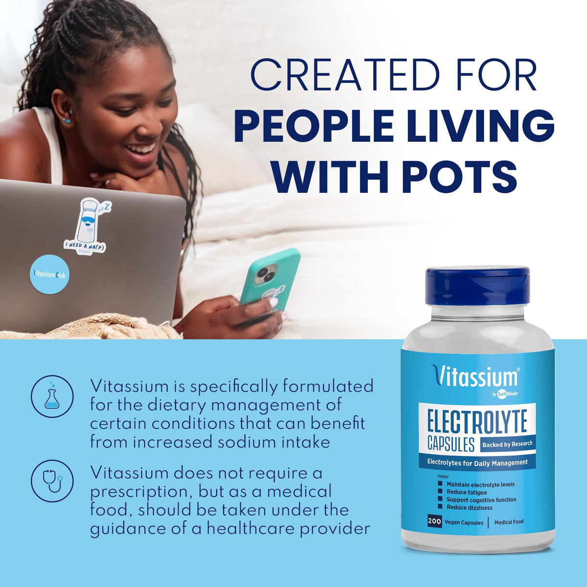 Vitassium Electrolytes Salt Pills for POTS Scientifically Formulated 100ct