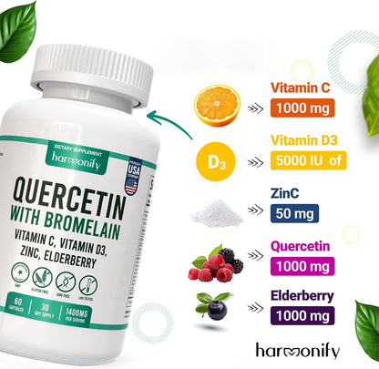 Quercetin with Bromelain, Immune Blend Supplements with Zinc Elderberry Vitamin C & D 5000 IU, Artemisinin, Irish Sea Moss, Echinacea, Garlic, Turmeric, Reishi and Ginger Powder, 1400 mg