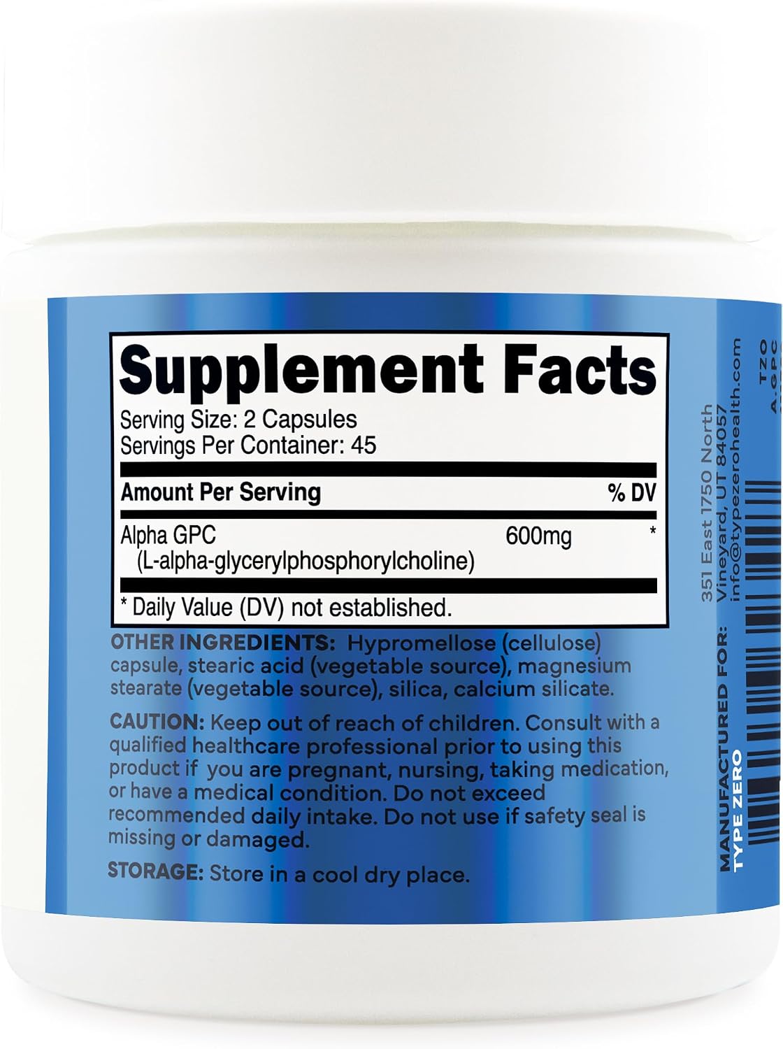 Type Zero Ultra Clean Alpha GPC Choline Supplement (600mg) 90 Capsules | Soy Free, GMO-Free Nootropics Alpha GPC 600mg / 300mg, Brain Memory and Focus Supplements, 45 Servings