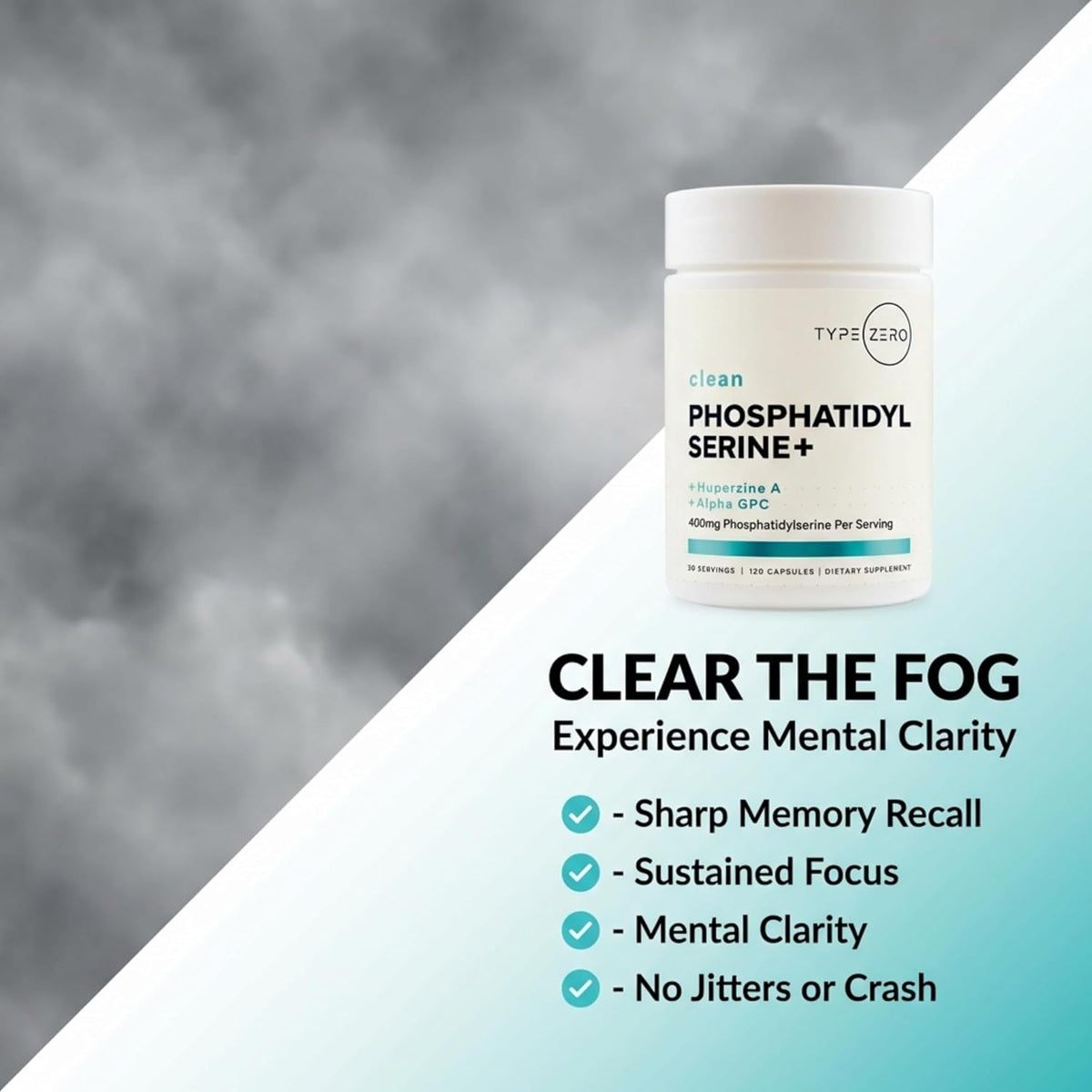 Type Zero Phosphatidylserine+ (400mg) 120 Capsules, 30 Servings | With Huperzine A + Alpha GPC, 3X Strength Nootropics Brain Support Supplement, Clean Focus & Memory