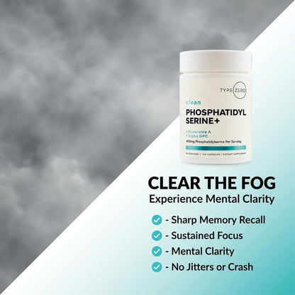 Type Zero Phosphatidylserine+ (400mg) 120 Capsules, 30 Servings | With Huperzine A + Alpha GPC, 3X Strength Nootropics Brain Support Supplement, Clean Focus & Memory