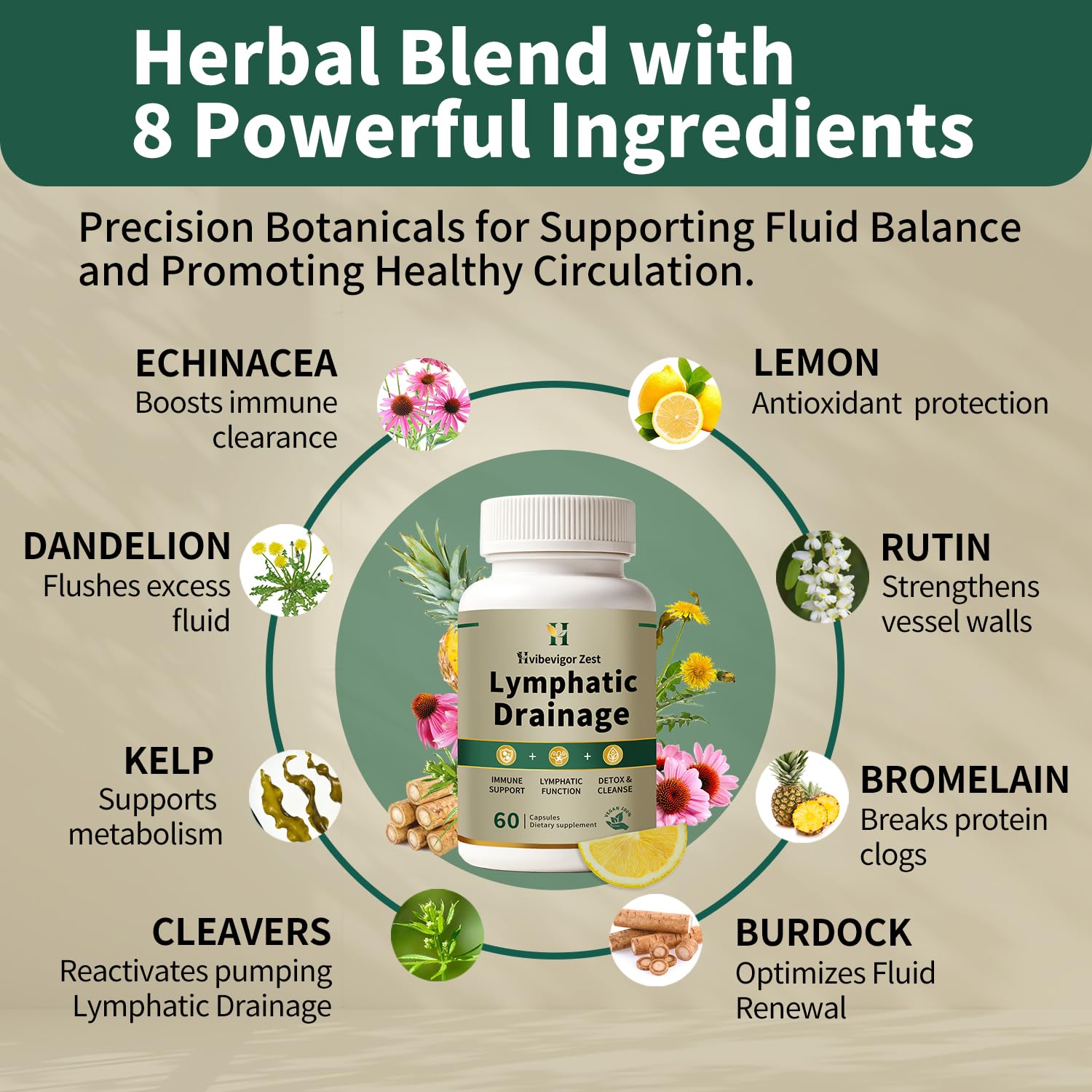 Lymphatic Drainage Supplement – Natural Herbal Formula with Dandelion, Burdock & Echinacea, Supports Fluid Balance, Immune Health & Cellulite Reduction – 60 Capsules HVibeVigor Zest buy supplements Au
