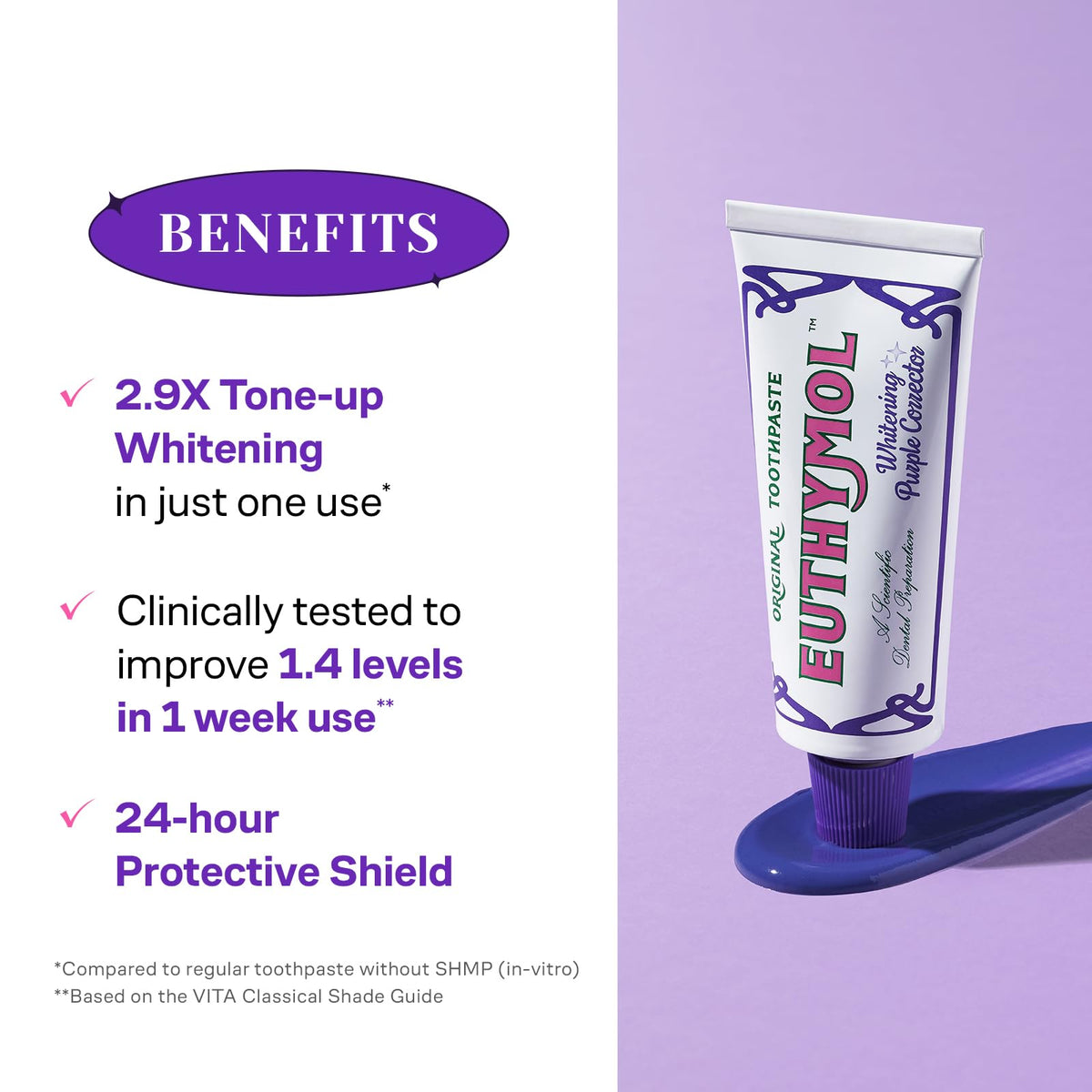 Suplement ​Euthymol Purple Whitening Toothpaste (3.7 fl oz) – for Yellow & Sensitive Teeth | Violet Tone-Up Formula, Instantly Brightens, VelvetGlow USA
