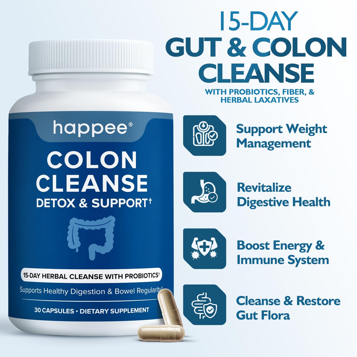 Happee Colon Cleanser & Detox for Weight Loss - 15 Day Colon Cleanse Pills & Gut Support Probiotics Women Men