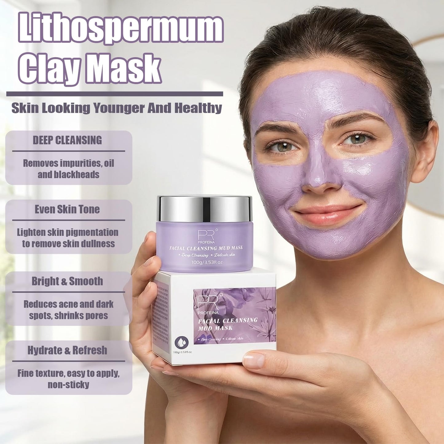 PROFEINA Clay Mask for Face, Non-Drying Facial Cleansing Mud Mask for Oily and Sensitive Skin, Deep Pore Cleansing Face Mask, Smooth Easy-Rinse Texture, Weekly Spa Skincare Routine, 4.23 Oz for Pores