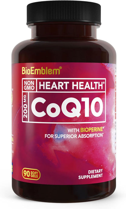 BioEmblem CoQ10 with BioPerine - 200mg Softgels, High Absorption - Coenzyme Q10 Antioxidant for Energy Production, Heart Health - Natural Form, Non-GMO CoQ10 Supplement - 90 Count