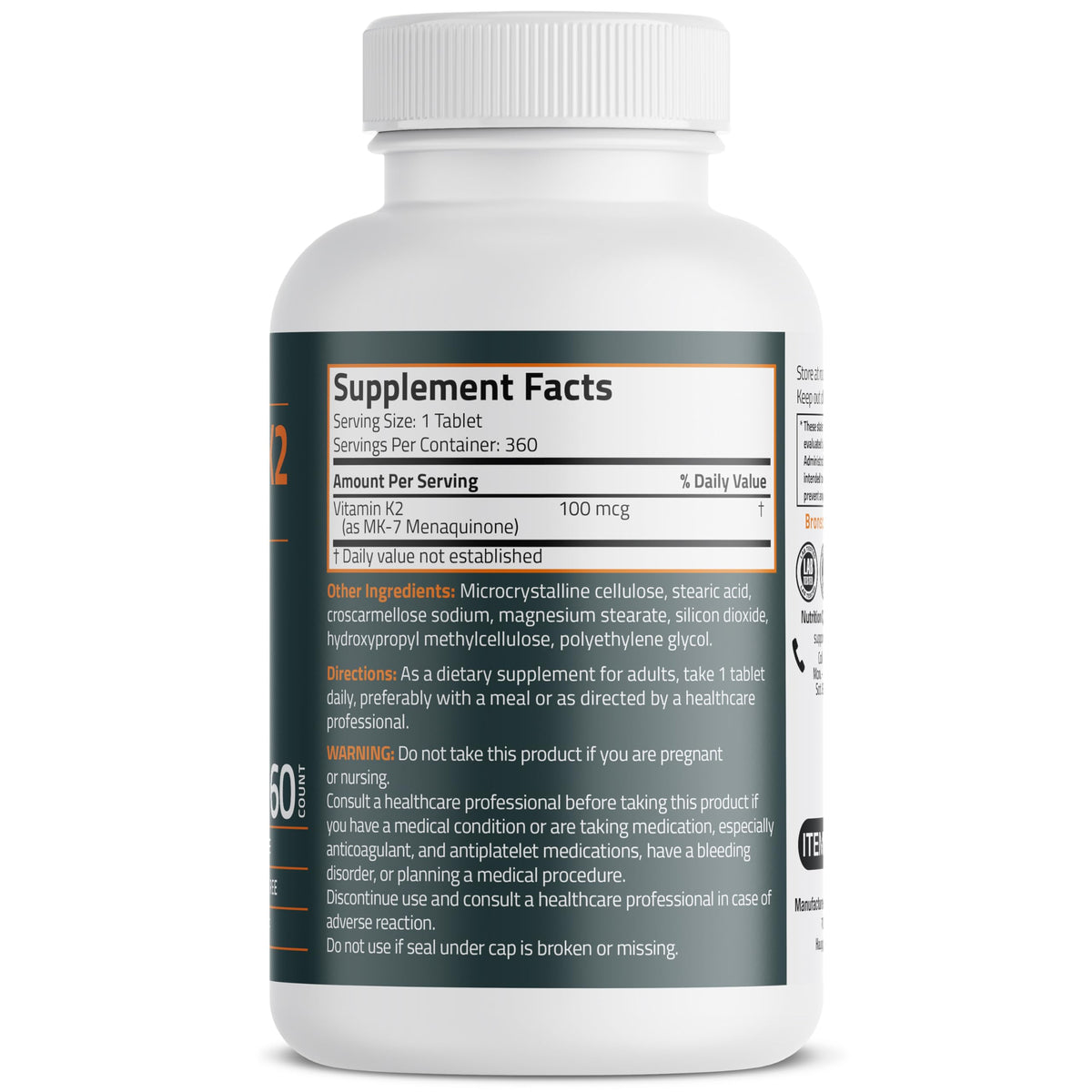 Bronson Vitamin K2 MK-7 100 MCG, K2 as MK7 Menaquinone, Bone Support Non-GMO, 120 Tablets