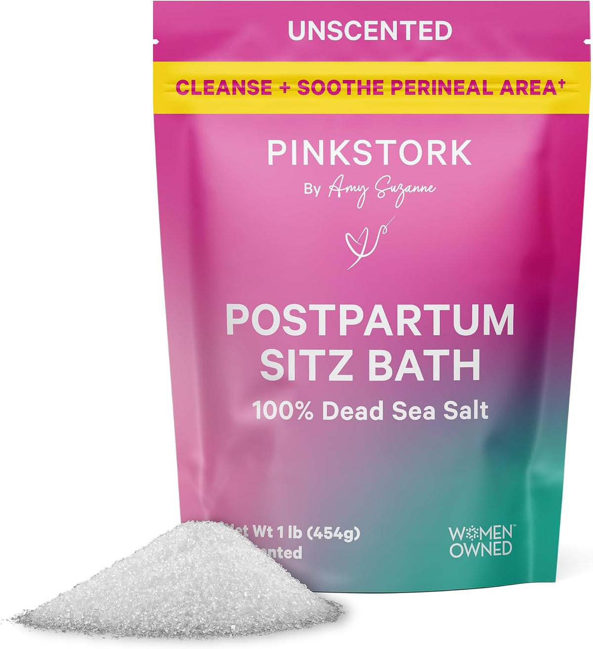 Pink Stork Postpartum Sitz Bath Soak: Dead Sea Salt for Perineal Care & Cleansing, Postpartum Recovery, Labor and Delivery Essentials, Women-Owned, Unscented, 16 oz