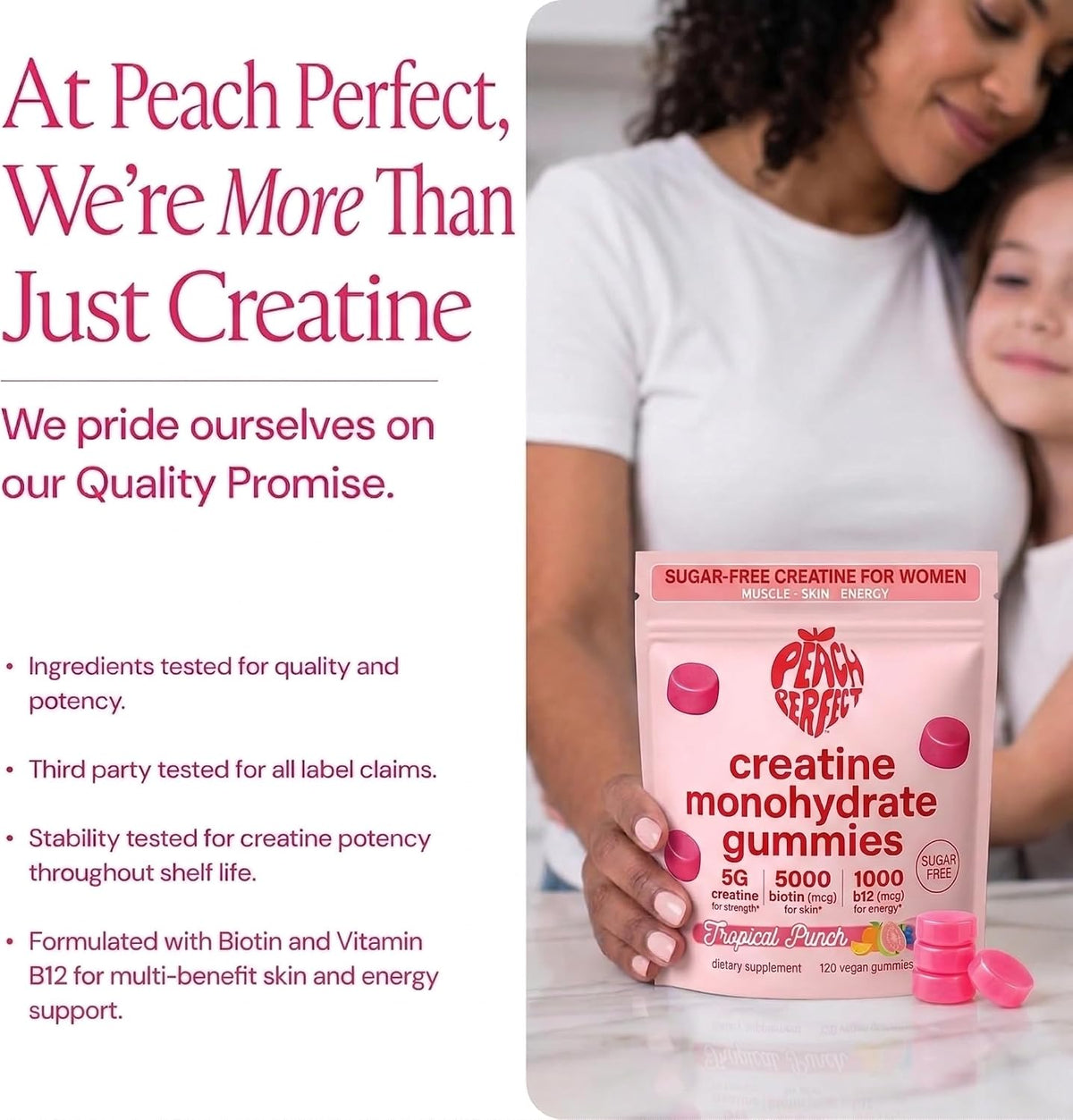 Peach Perfect Creatine Gummies for Women – Micronized Creatine Monohydrate with Biotin & Vitamin B12 for Glute Strength Support, Boosts Energy, Focus, Strength, and Endurance – Tropical Punch, 30 SVG