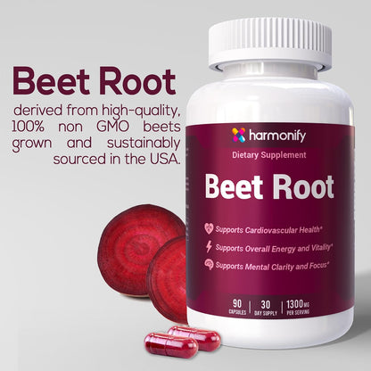 Beet Root Capsules, Pure Beetroot Powder 1300 mg, Circulation Support Supplement, Vegan, Non-GMO, Gluten-Free – 90 Vegetable Capsules