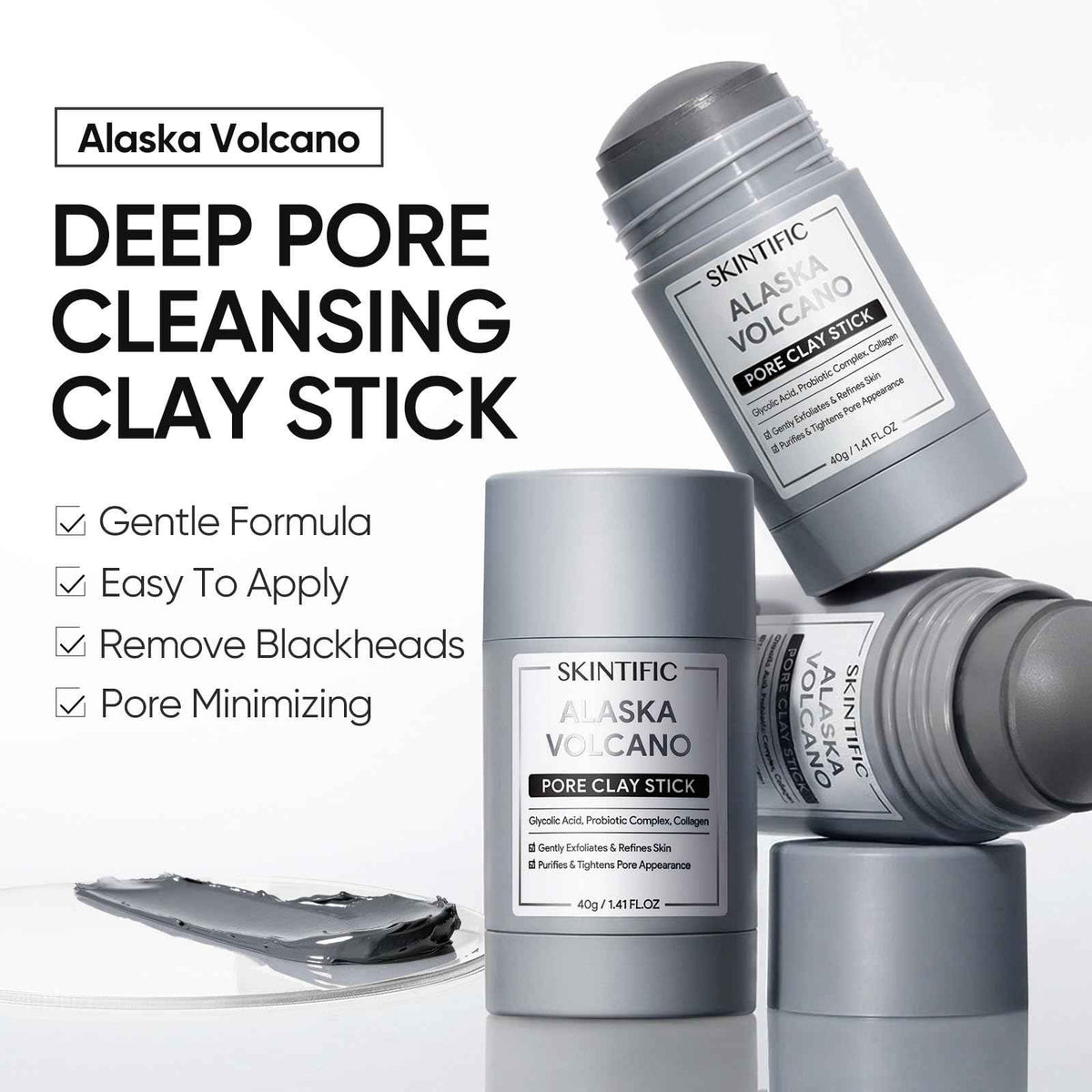 SKINTIFIC Deep Pore Cleansing Blackhead Remover Face Mask Stick, Mud Mask with Natural Alaska Volcano Clay, Gentle Exfoliating, Smoothing Skin