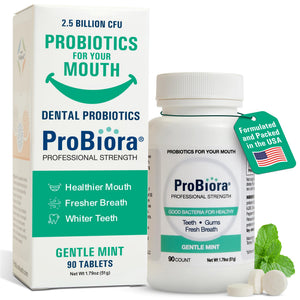 Suplement ​ProBiora Professional Strength Oral Probiotics for Teeth and Gums | Dental Probiotic for Oral Health | Bad Breath Treatment for Adults | Tooth Whitening | ProBiora3 Probiotic Blend | 90 Mint Tablets - VelvetGlow USA