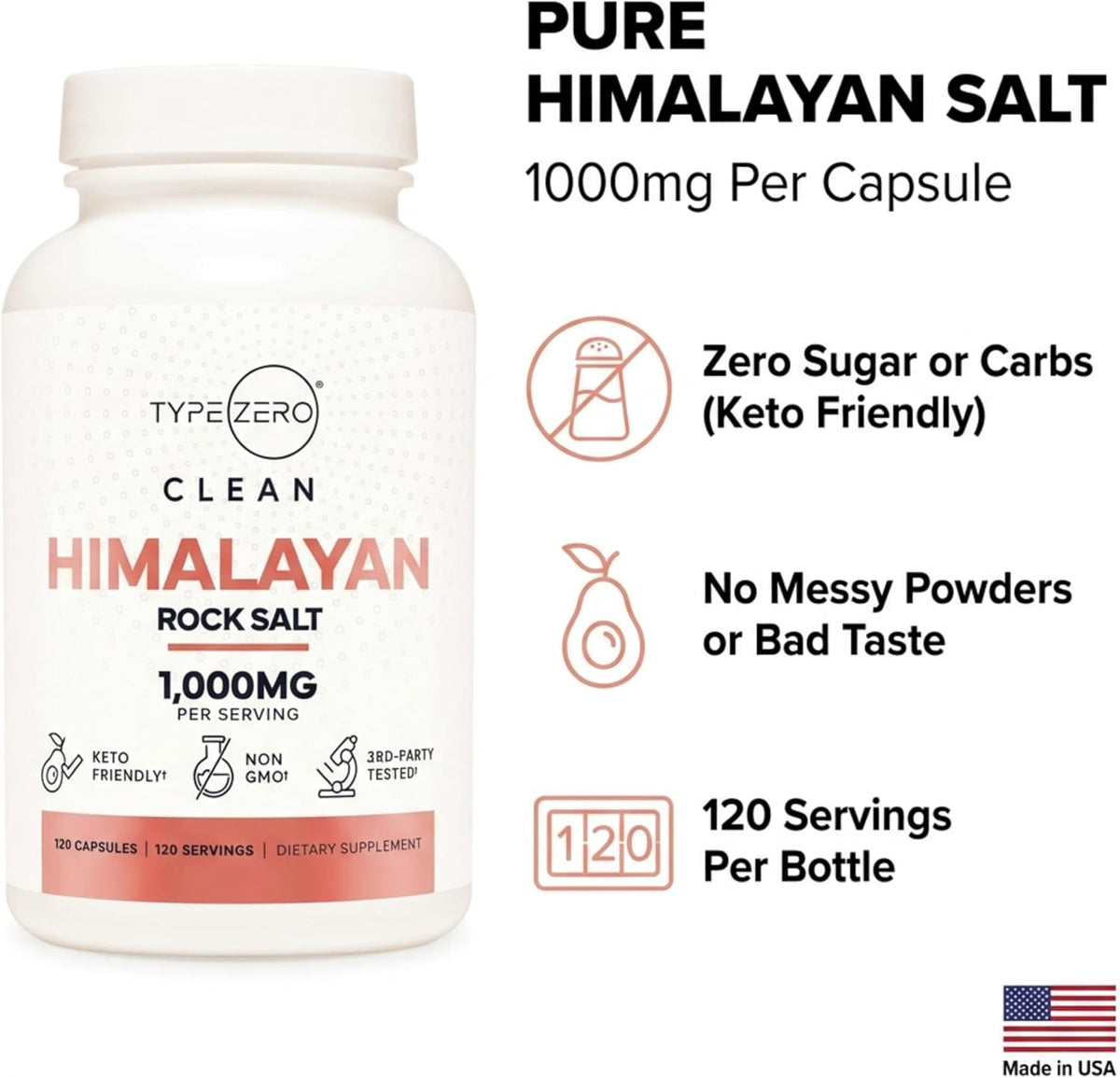 Type Zero Himalayan Rock Salt Capsules (1,000mg) 120 Capsules | GMO-Free, Keto-Friendly