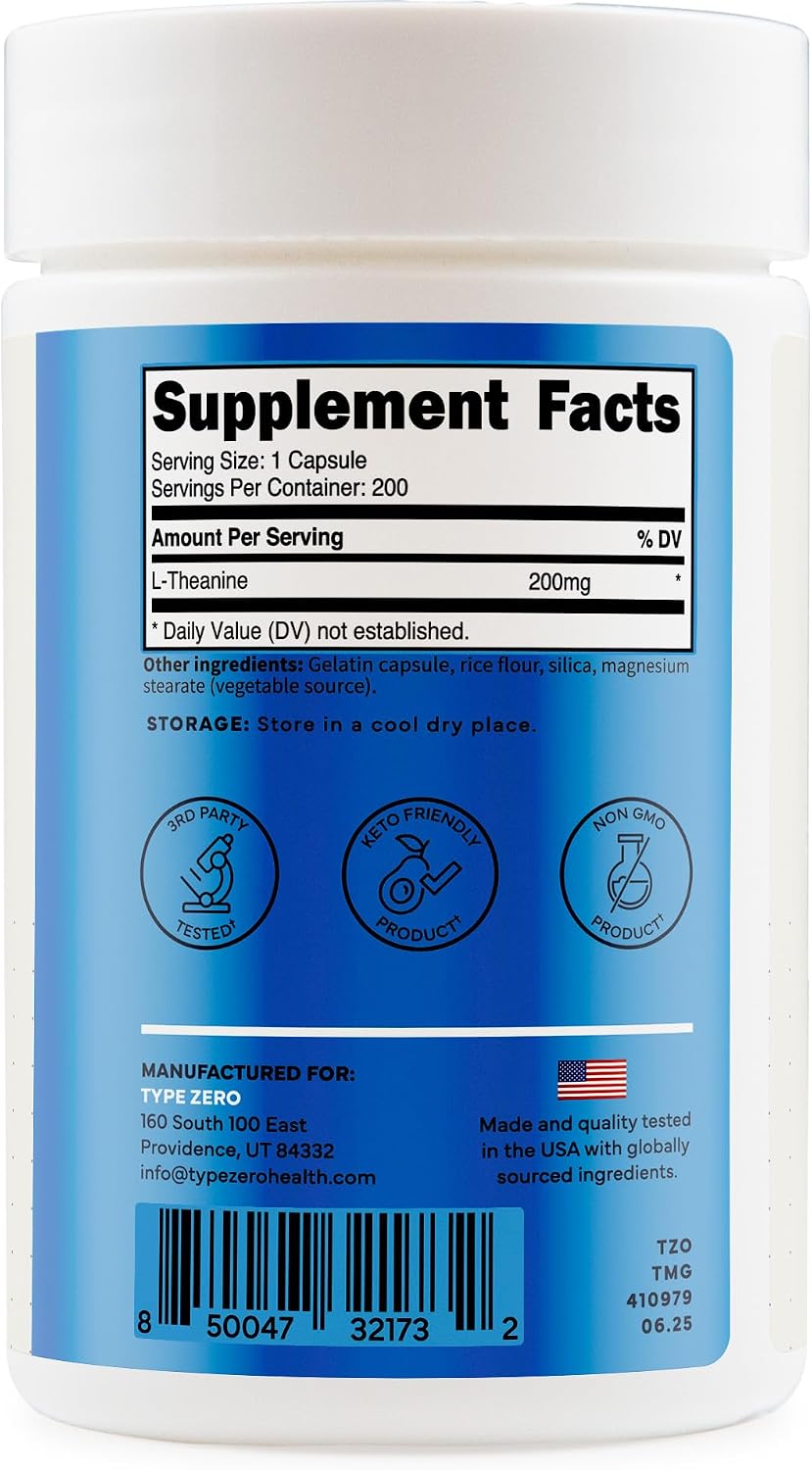 Type Zero L-Theanine (200mg) 200 Capsules, Clean L-Theanine Supplement | Keto, GMO-Free