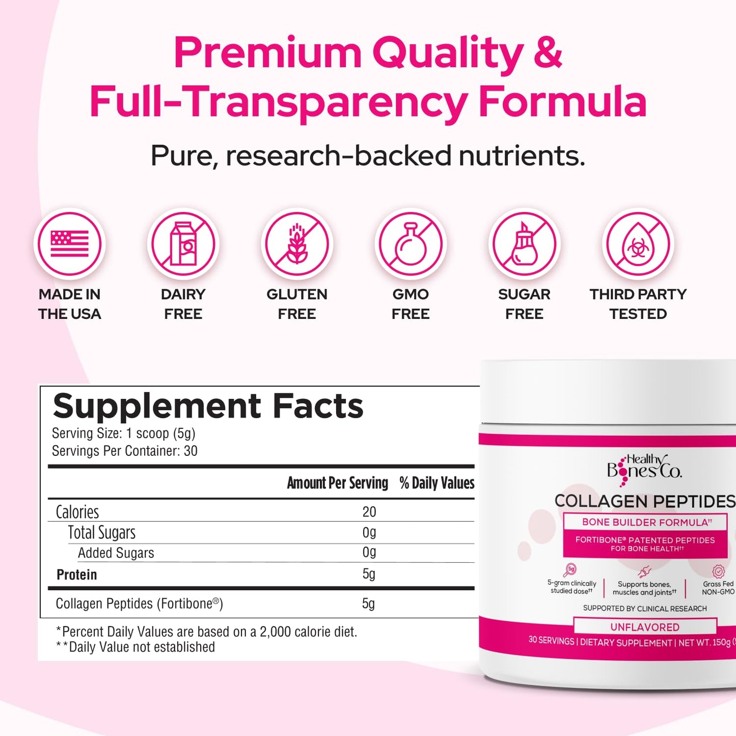 FORTIBONE Collagen Peptides Essential Bone Builder Hydrolyzed Collagen Powder for Women & Men, Clinically-Supported for Bone Strength & Density