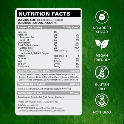 EHP Labs OxyGreens Super Greens Powder with Spirulina & Chlorella, Prebiotic Fiber, Probiotics & Digestive Enzymes – Antioxidant Green Superfood Supplement - 15 Serves (Pineapple)
