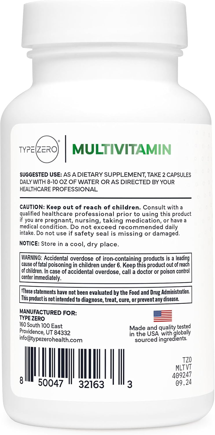 Type Zero Multivitamin Capsules (1,300mg) 120 Capsules, Vegetarian Friendly | With Probiotics + 22 Vitamins and Minerals, GMO-Free