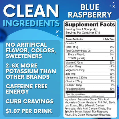 Zero Sugar - Blue Raspberry Electrolytes Powder - Refreshing Hydration - Caffeine Free Energy - All Natural Ingredients - Vegan, Keto and Paleo - Sugar Free Electrolyte Powder Drink Mix - 37 Servings