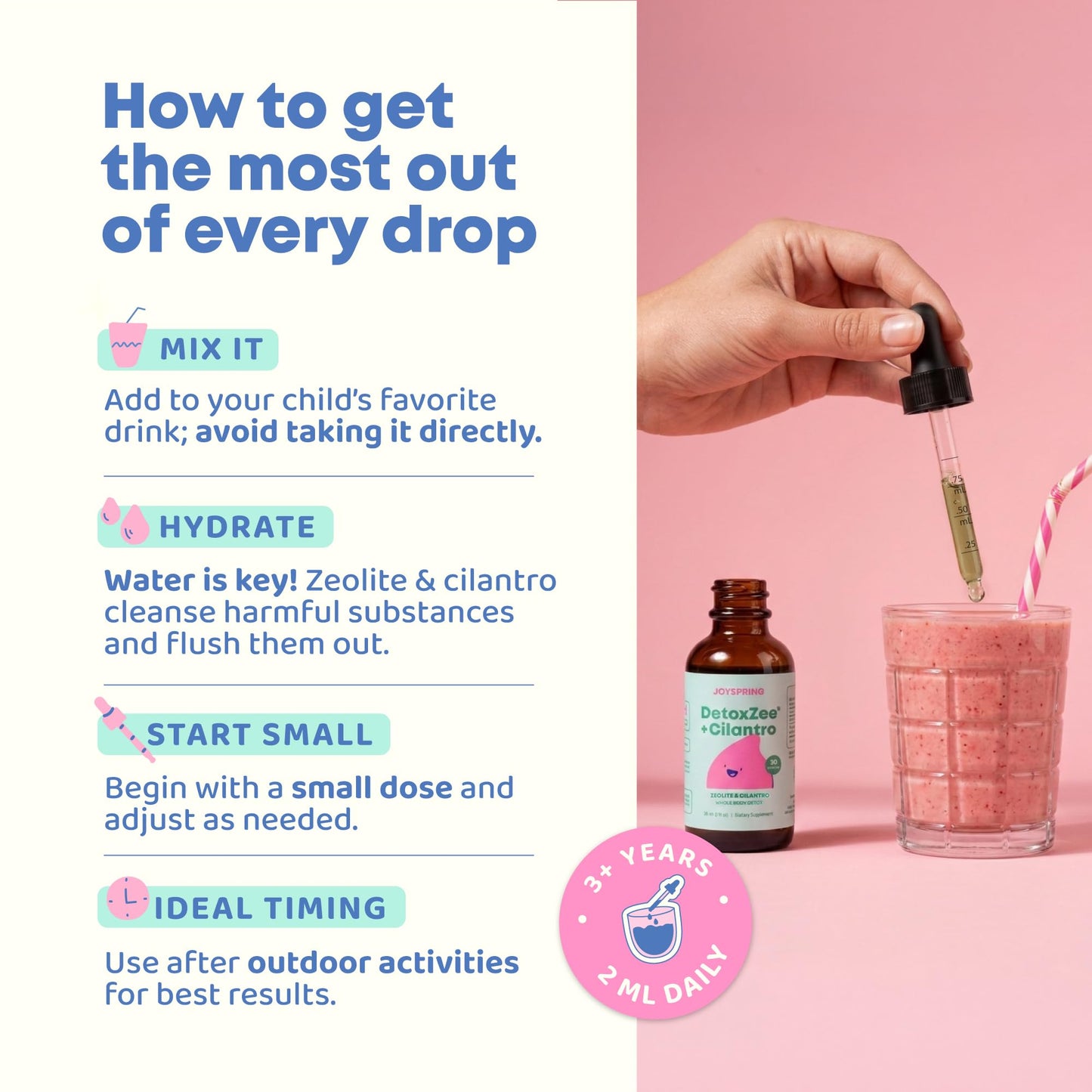 JoySpring DetoxZee Cilantro & Zeolite Drops for Kids | Liquid Zeolite Clinoptilolite with Cilantro Extract | Gentle Daily Wellness Support