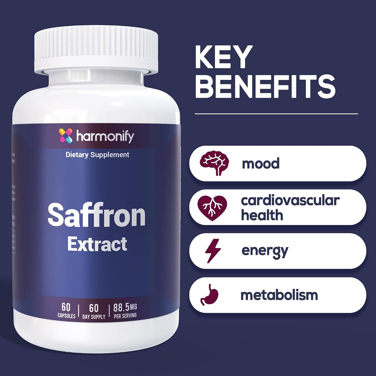 Saffron Supplements 88.5mg – Mood, Eye & Appetite Support – 60 Capsules | Natural Saffron Supplement from Crocus Sativus L. | Non-GMO, Vegan-Friendly