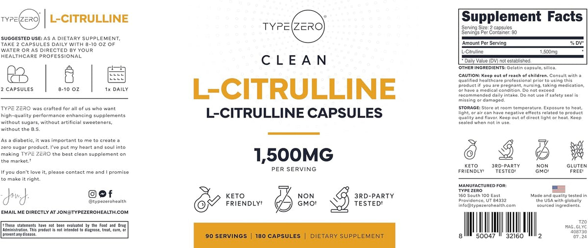 Type Zero L-Citrulline (1,500mg) 180 Capsules, GMO-Free, Keto-Friendly