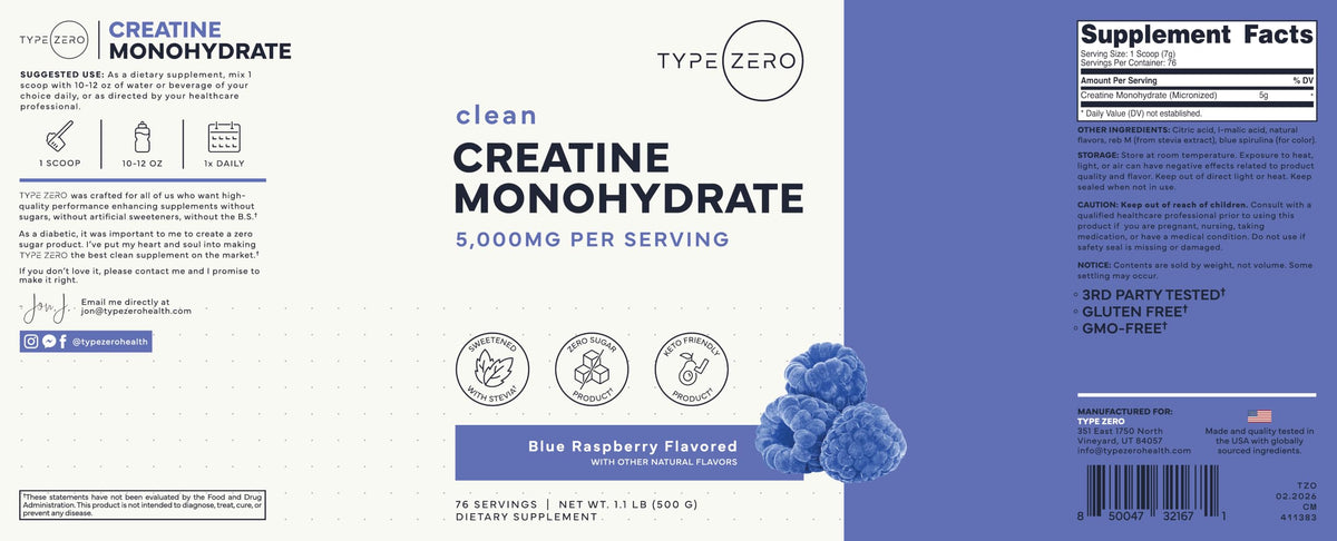 Type Zero Creatine Monohydrate Powder (Unflavored) 500 Grams, Micronized | 5000mg Per Serving, Zero Sugar, Keto Friendly & Gluten-Free, 100 Servings