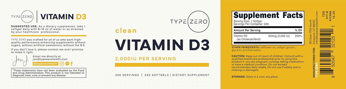 Type Zero Vitamin D3 2000 iu, 240 Softgels - Non-GMO & Gluten Free