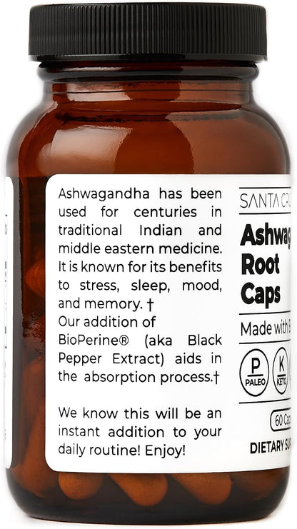 Santa Cruz Paleo Ashwagandha Capsules, 600mg Ashwagandha Root per Capsule, Gluten Free, Keto, Sugar Free, Paleo, Supports Energy, Focus, and Relaxation, BioPerine for Fast Absorption, 60 Capsules