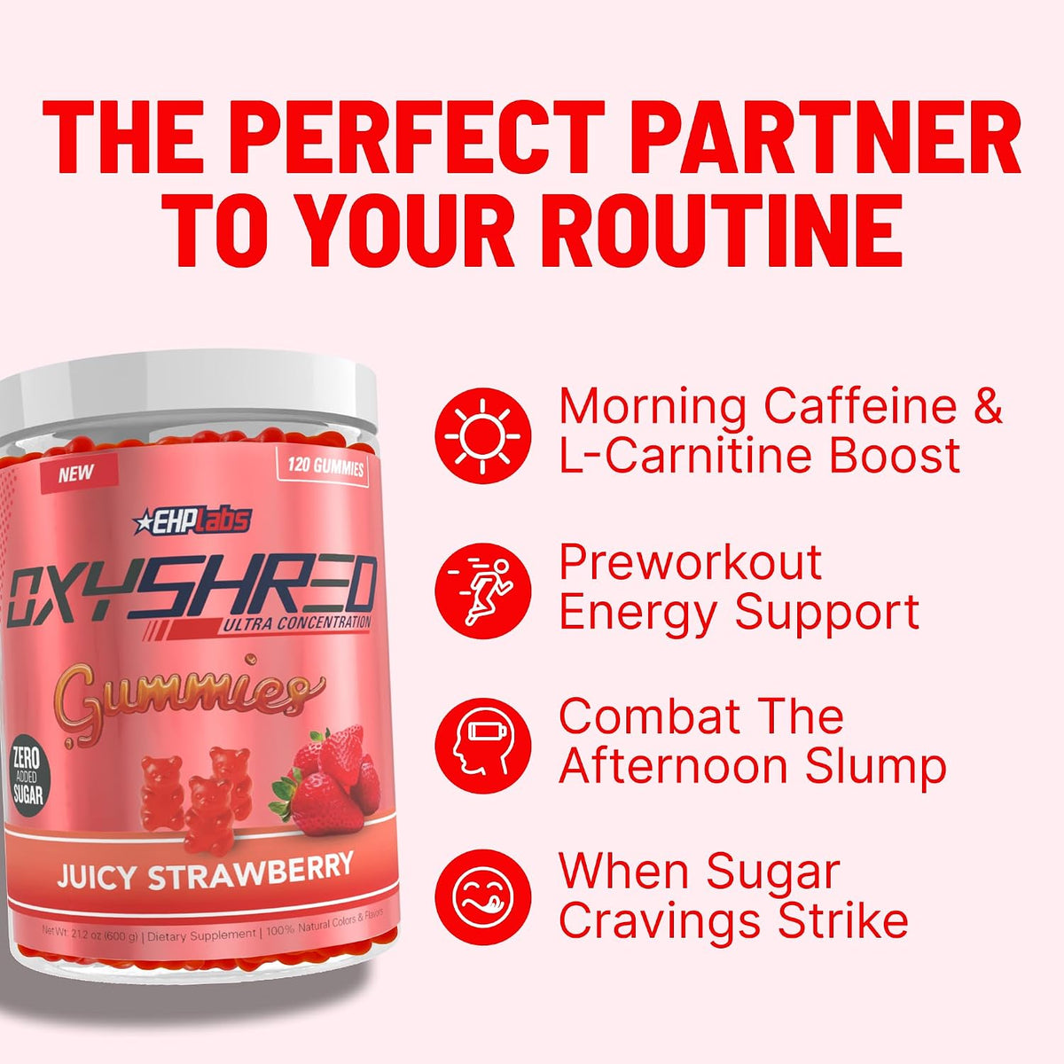 EHP Labs OxyShred Pre Workout Energy Gummies, Strawberry, 60 Servings | 100mg Natural Caffeine, 1000mg L-Carnitine, Vegan & Halal Friendly, No Artificial Colors, Zero Aspartame, HPLC Tested