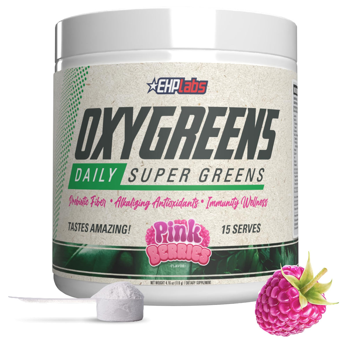 EHP Labs OxyGreens Super Greens Powder with Spirulina & Chlorella, Prebiotic Fiber, Probiotics & Digestive Enzymes – Antioxidant Green Superfood Supplement - 15 Serves (Pineapple)