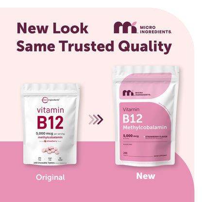 Micro Ingredients Vitamin B12 5,000 mcg | Methylcobalamin – 240 Chewable Tablets | Fast Dissolve, Natural Strawberry Flavor