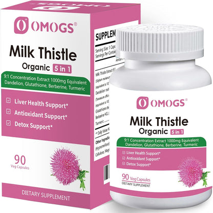 OMOGS Organic Milk Thistle, Herbal Liver Support Milk Thistle Supplement, with Dandelion Root, Glutathione, Berberine HCL &Turmeric, Support Liver Cleanse Detox & Repair, 90 Capsules