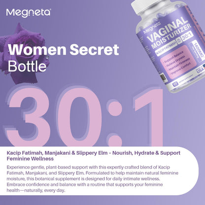 MEGNETA Vaginal Moisturizer, Kacip Fatimah 1,000mg & Manjakni 200mg for Female Intimate Health, Slippery Elm for Women, Vegan, 60 Capsules