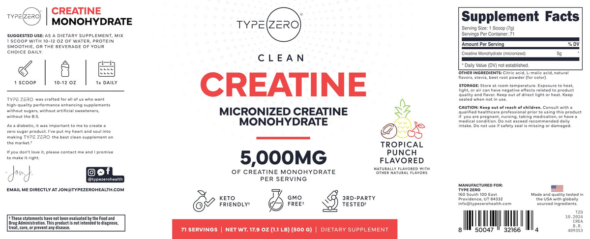 Type Zero Creatine Monohydrate Powder (Unflavored) 500 Grams, Micronized | 5000mg Per Serving, Zero Sugar, Keto Friendly & Gluten-Free, 100 Servings