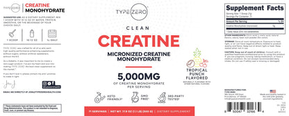 Type Zero Creatine Monohydrate Powder (Unflavored) 500 Grams, Micronized | 5000mg Per Serving, Zero Sugar, Keto Friendly & Gluten-Free, 100 Servings