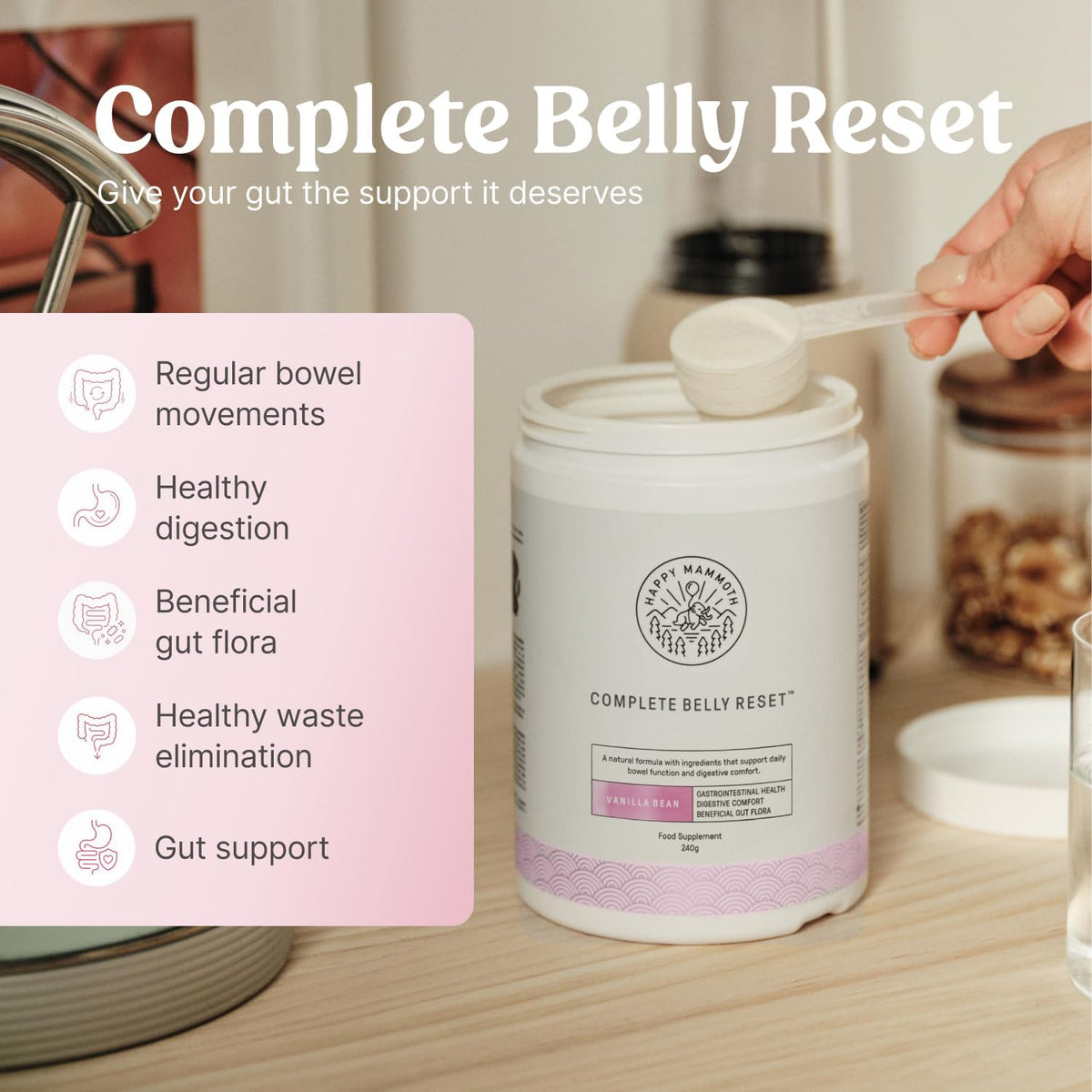 Happy Mammoth Complete Belly Reset Digestive Health Supplement Powder for Men & Women, Supports Gut Health, Reduces Bloating & Gas, Promotes Bowel Regularity, 24 Servings, Vanilla Flavor