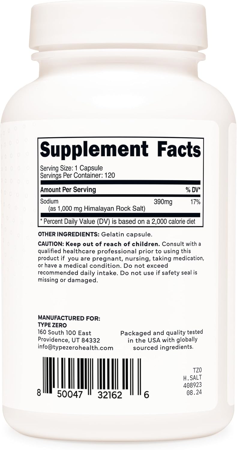 Type Zero Himalayan Rock Salt Capsules (1,000mg) 120 Capsules | GMO-Free, Keto-Friendly