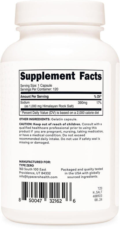 Type Zero Himalayan Rock Salt Capsules (1,000mg) 120 Capsules | GMO-Free, Keto-Friendly