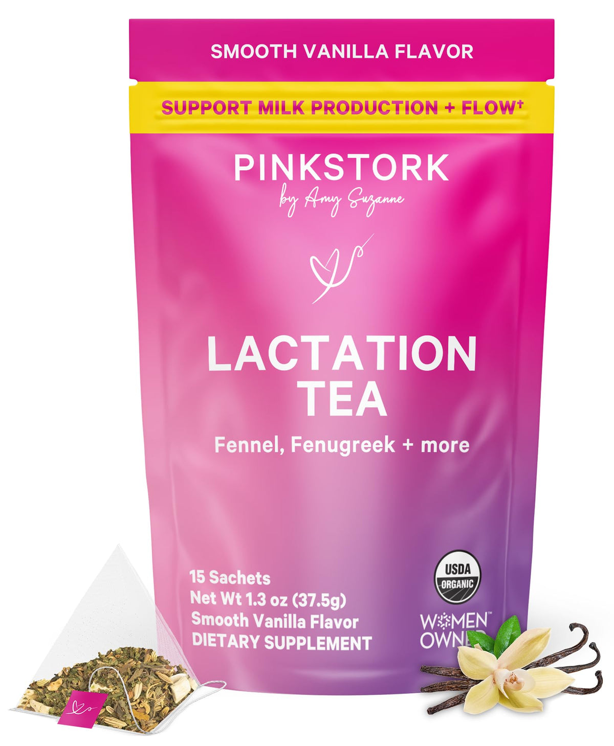 Pink Stork Organic Lactation Tea – Fenugreek, Fennel, Milk Thistle + More – Support for Breastfeeding, Pumping, Hydration, Milk Flow – Smooth Vanilla – 15 Sachets, Caffeine-Free