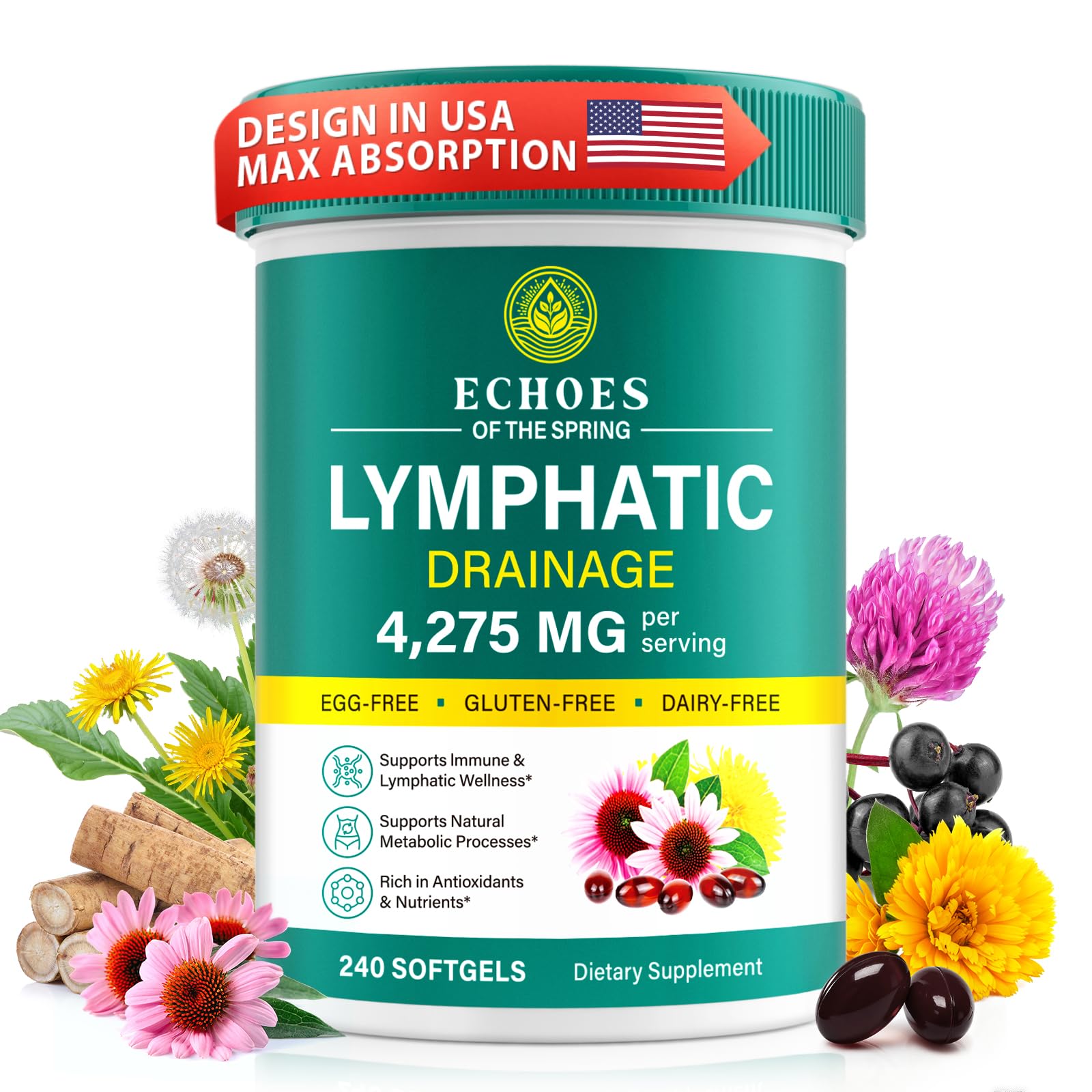 Lymphatic Drainage Supplements, 4275mg Lymph System Support Supplement for Women & Men, Daily Wellness Support, 21-in-1 Herbal Blend with Echinacea, Dandelion, Burdock, Turmeric & More, 240 Softgels Echoes of the spring buy supplements Au