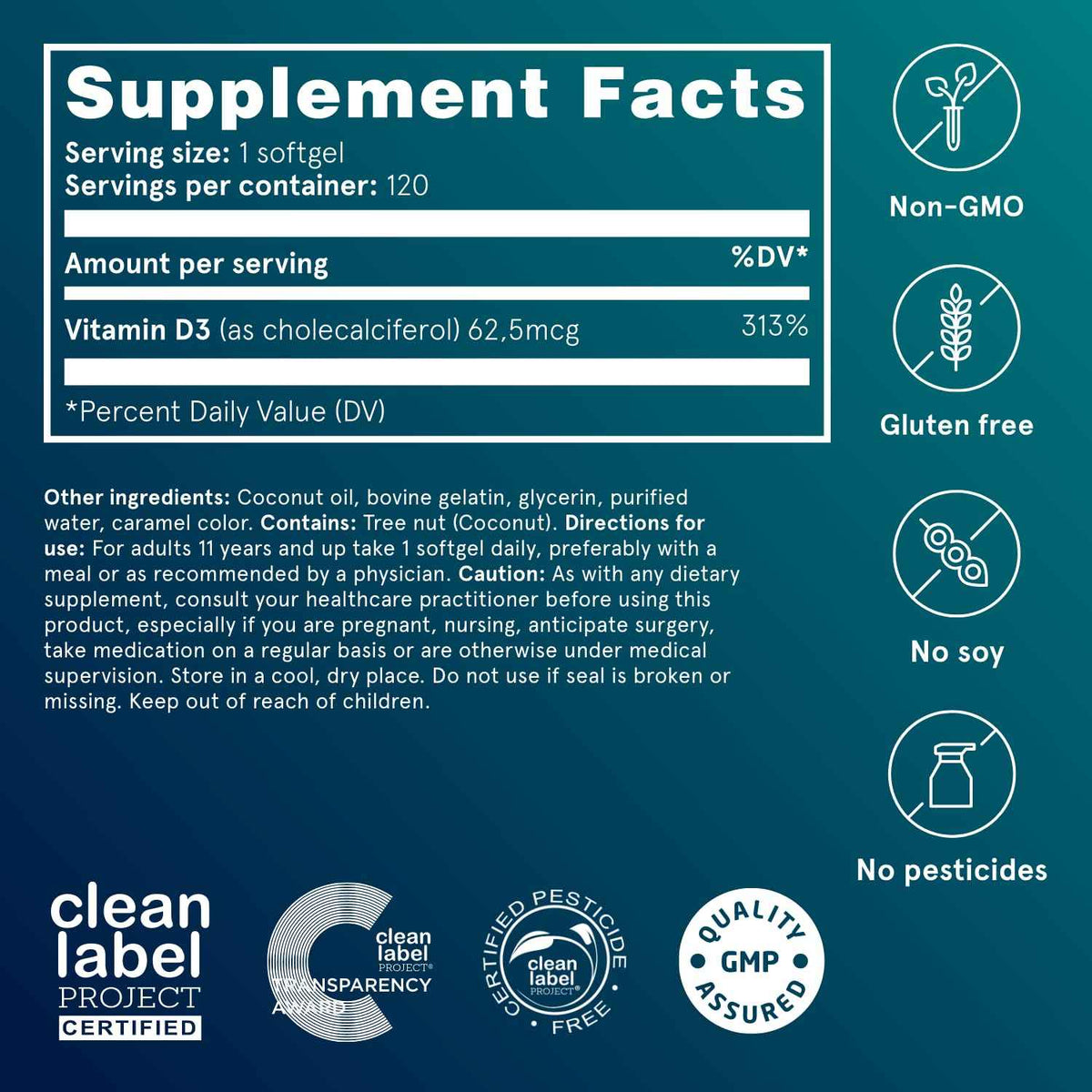 Puori Vitamin D3 Softgels, 2500 IU (62.5 mcg) - Fast Absorbing Vitamin D3 Supplements for Immune System Support, Bone Health & Density and Healthy Muscle Functions - Non-GMO & Gluten-Free - 120 Count