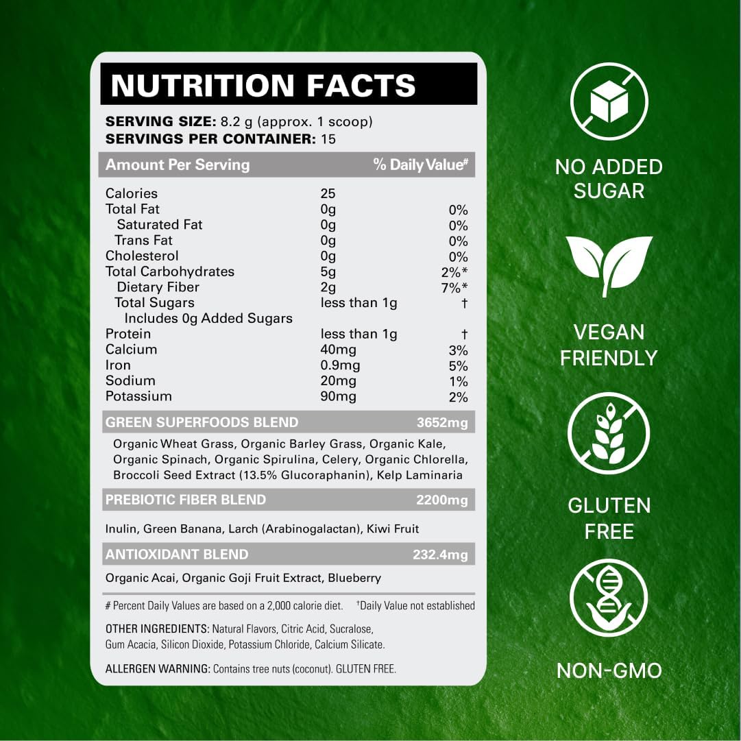 EHP Labs OxyGreens Super Greens Powder with Spirulina & Chlorella, Prebiotic Fiber, Probiotics & Digestive Enzymes – Antioxidant Green Superfood Supplement - 15 Serves (Pineapple)