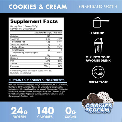 BLESSED Vegan Protein Powder - Plant Based Protein Powder Meal Replacement Protein Shake, 23g of Pea Protein Powder, Dairy Free, Gluten Free, Soy Free, No Sugar Added, 30 Servings (Cookies & Cream)