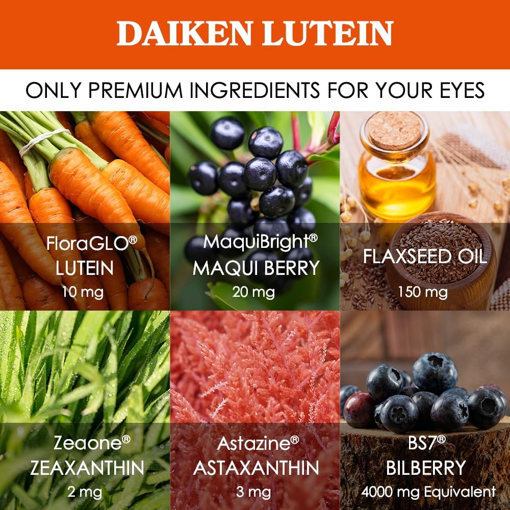 DAIKEN Bundle: Kids Fish Oil Omega-3 Gummies 300mg DHA/EPA w/Vitamin D3, Norwegian Sourced & Lutein Zeaxanthin Supplement, Plant-Based Formula w/Astaxanthin, Maqui Berry & Bilberry, 30ct + 30 Softgel