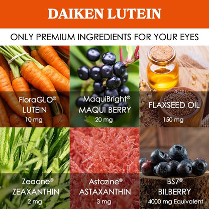 DAIKEN Lutein and Zeaxanthin Supplements, AREDS 2 Inspired Formula with Astaxanthin, Maqui Berry, Bilberry, Flaxseed Oil & Vitamin E, 30 Softgels (Pack of 2)