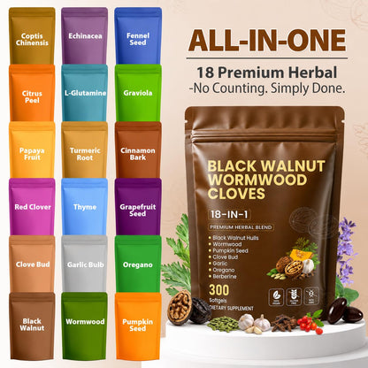 18-in-1 Wormwood Black Walnut Clove Herbal Cleanse Supplement |300 Softgels