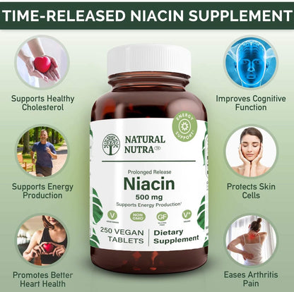 Natural Nutra Time-Release Slow Niacin 500mg (Vitamin B3), Support Healthy Cholesterol, Promotes Cardiovascular Health, Promotes Skin Cells and Improve Cognitive Function, 250 Vegan Tablets